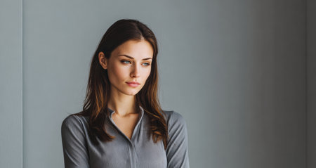 A woman with long hair looks pensively to the side in a stylish indoor setting. Soft light highlights her features, creating a calm atmosphere. She wears a simple, elegant outfit.の素材