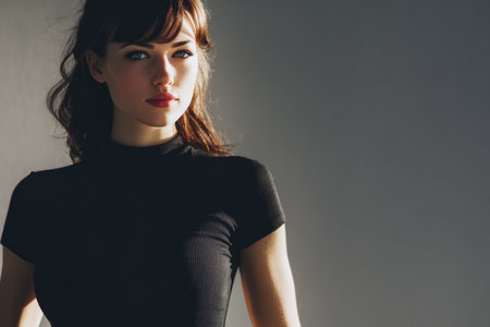 A young woman stands against a wall with soft shadows, wearing a fitted black top. The late afternoon light highlights her features, creating a striking look.の素材