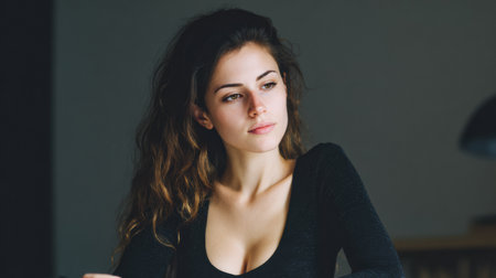 In a cozy, softly lit space, a young woman with wavy hair gazes thoughtfully into the distance, reflecting on her thoughts while dressed in a simple black top.の素材