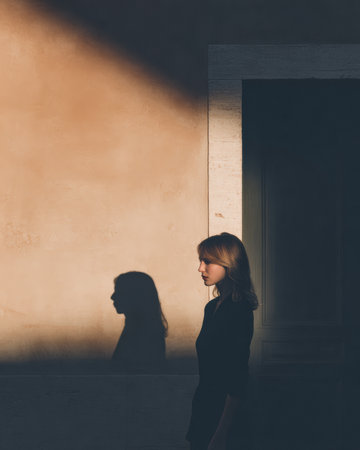 A woman stands still beside a wall, her profile illuminated by the warm, soft light of late afternoon. Shadows dance gently around her, creating a calm atmosphere.の素材