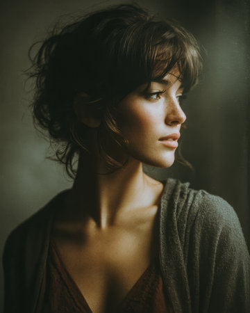A young woman with soft features stands in natural light. Her hair is styled loosely, and she wears a simple garment. The atmosphere is calm and reflective.の素材