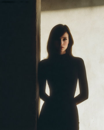 A model stands in silhouette next to a textured wall, her figure softly illuminated by light. The scene captures a quiet moment in an artistic indoor space.の素材