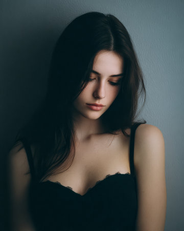 A young woman is pictured wearing a black top, her head slightly bowed and eyes closed. Soft lighting enhances her thoughtful expression, creating a serene atmosphere.の素材