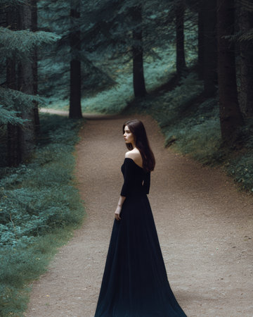 A woman wearing an elegant black dress stands gracefully on a forest path. Sunlight filters through the trees creating a calm atmosphere in the woods.の素材