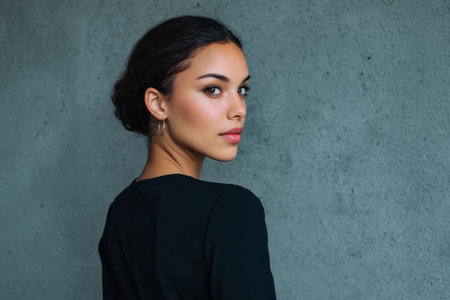 A young woman stands in front of a smooth gray wall, her hair styled neatly. She glances back with poise, showcasing her natural beauty and confidence in a minimalist setting.の素材