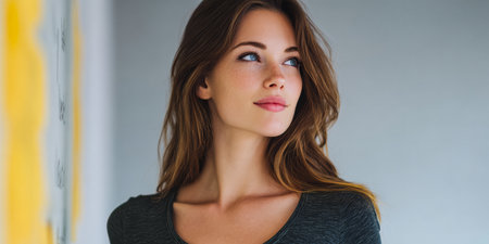 A young woman stands against a vibrant yellow wall, her long hair cascading over her shoulders. She gazes thoughtfully, enjoying the bright ambiance of this contemporary setting.の素材