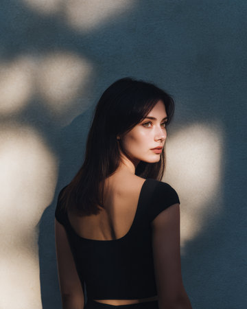 A young woman stands elegantly against a soft-textured wall, illuminated by gentle sunlight. Her striking profile and confident gaze convey a sense of calm and beauty.の素材