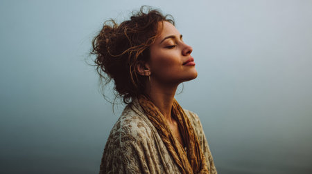 A woman stands by the water, eyes closed and face relaxed, soaking in the calmness of a foggy morning. Her soft features and gentle expression reflect tranquility and peace.の素材