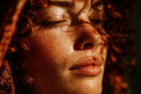 A young woman with curly red hair enjoys a moment of tranquility as sunlight falls softly on her face. Her freckles are highlighted in the golden light, creating a peaceful atmosphere.の素材