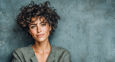 A young woman stands with her arms crossed, smiling slightly at the camera. She has curly hair and wears a stylish outfit. The background is a textured gray wall, creating a calm atmosphere.の素材