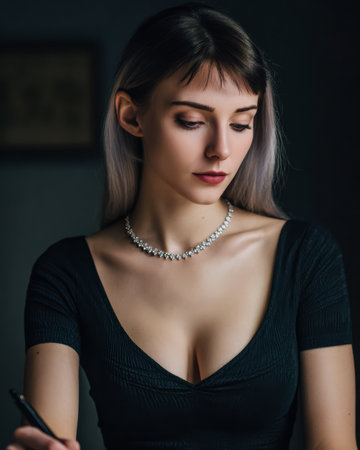 Young woman with long hair sits at a table in a softly lit room, focused on writing with a pen. She wears a stylish necklace that adds elegance to her appearance.の素材
