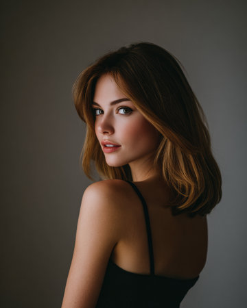 A woman with medium-length hair looks over her shoulder, showcasing a soft expression. The neutral background highlights her features and adds a serene mood to the indoor scene.の素材