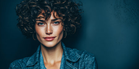 A woman with natural curly hair stands proudly against a textured dark wall. She wears a stylish outfit and expresses confidence with her calm demeanor and serene smile.の素材