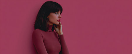 A young woman stands elegantly by a bold pink wall, her hand gently touching her face. She wears a fitted top and has long hair, creating a striking look in an urban location.の素材