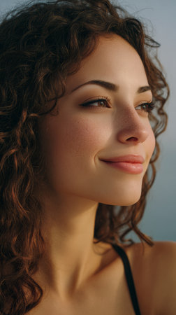 A woman with curly hair enjoys the tranquility of the beach at sunset. Her calm smile reflects the beauty of the moment, capturing a peaceful feeling beside the ocean.の素材