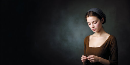 A young woman wearing a brown dress and headscarf stands in a softly lit room, focusing intently on her hands as she appears to be deep in thought.の素材