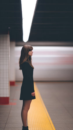 A woman stands calmly on the platform of a subway station. The bright lights cast a glow as a train rushes by, creating a blurry effect in the background, highlighting the busy atmosphere.の素材