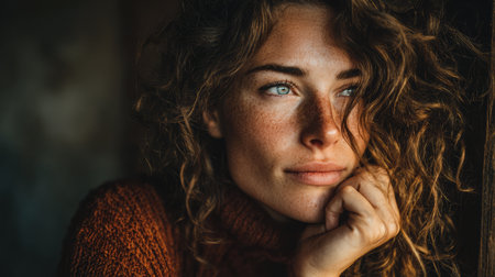A woman with curly hair sits by a window, resting her chin on her hand. Soft light fills the room, creating a warm atmosphere as she gazes into the distance, lost in thought.の素材