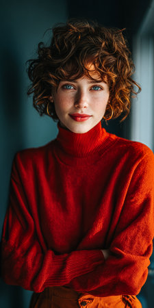 A young woman with curly hair poses confidently in a bright red sweater. Sunlight filters through a nearby window, creating a warm and inviting atmosphere.の素材