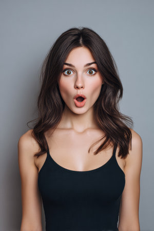 A young woman displays a surprised expression, her wide eyes and open mouth conveying shock or amazement, set against a simple gray backdrop.の素材