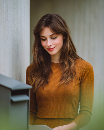 A young woman stands beside a mailbox, absorbed in reading a letter with a smile. She wears a warm, knitted top and enjoys the calm atmosphere of the location on a sunny day.の素材