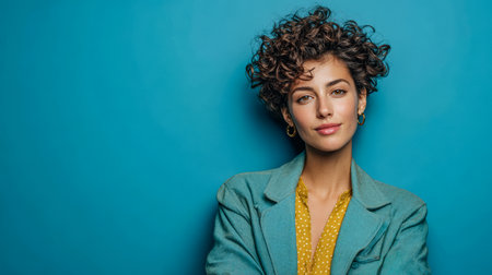 A woman stands confidently with her arms crossed, showcasing her curly hair against a vivid blue background. She wears a chic jacket and a polka dot blouse, exuding elegance.の素材