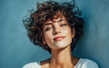 A young woman with curly hair and blue eyes poses confidently, enjoying the warm sunlight. Her cheerful expression adds vibrancy to the blue background, creating a lively atmosphere.の素材