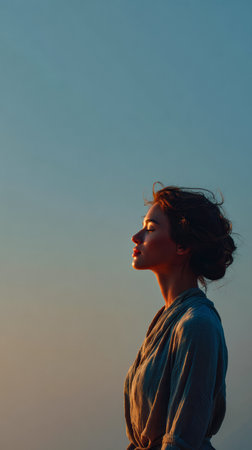 A serene moment as a woman stands outdoors, her profile illuminated by the gentle glow of the setting sun, wrapping herself in tranquility and nature's beauty.の素材