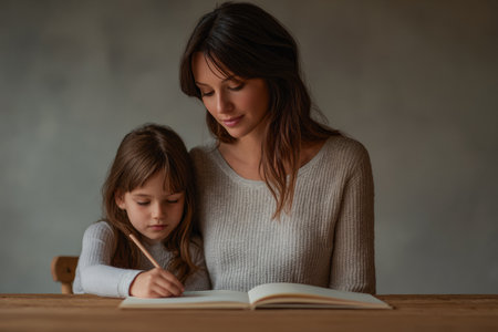 A mother sits at a wooden table with her young daughter, both focused on a book. The warm atmosphere suggests an afternoon spent together reading and learning.の素材