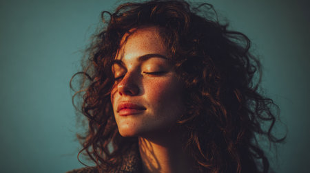 A woman with curly hair stands outside, eyes closed, basking in the warm sunlight. The soft glow highlights her relaxed expression against a calm background.の素材