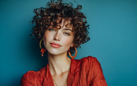 A young woman with curly hair and a warm smile wears large orange earrings. She poses confidently against a solid blue background, showcasing her vibrant outfit.の素材