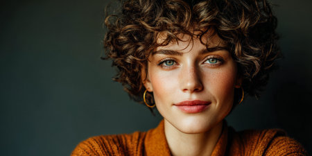 A young woman with beautiful curly hair and striking blue eyes smiles gently while showcasing her style. She wears an orange sweater and exudes confidence in a softly lit setting.の素材