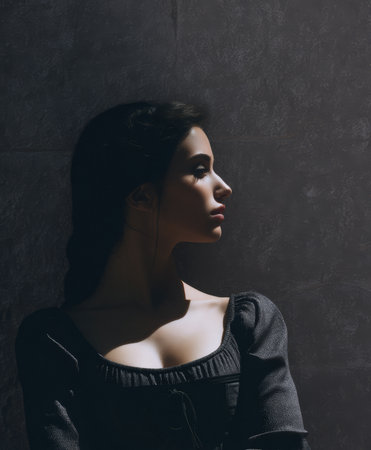 A young woman is posed in profile, with soft light creating gentle shadows on her face and body. The dark background enhances the dramatic effect of her expression and features.の素材