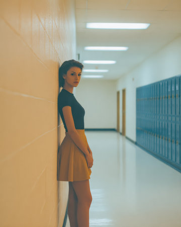 A young woman leans against a wall in a school hallway. She wears a fitted top and a skirt, with lockers lining the background under bright lights, creating a warm atmosphere.の素材