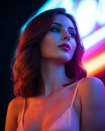 A woman with wavy hair and bold makeup poses under vibrant neon lights in a city nightlife scene. She exudes confidence as she gazes upward, embodying a modern urban vibe.の素材