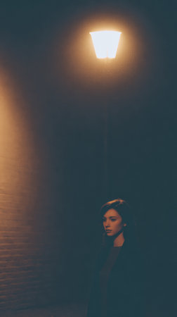 A woman stands alone beneath a glowing streetlight, surrounded by dark shadows in a quiet urban environment. She appears deep in thought as the night envelops her.の素材