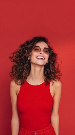 A joyful woman with curly hair smiles brightly while wearing stylish sunglasses. She stands in front of a rich red wall, creating a lively and energetic atmosphere.の素材