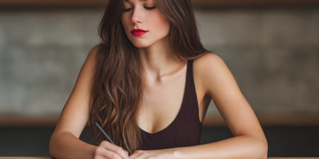 A woman with long hair sits at a wooden table, writing with a pencil. She wears a simple sleeveless top and appears focused, surrounded by a warm, inviting atmosphere.の素材