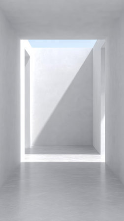 A spacious and minimalistic room features clean white walls and a large opening allowing natural light to pour in. The sharp angles create an inviting atmosphere.の素材
