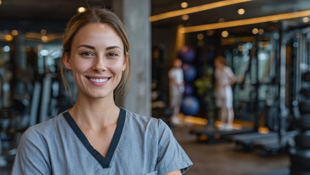 A fitness trainer stands in a well-equipped gym, smiling at the camera. Other gym members are engaged in workout activities in the background.の素材