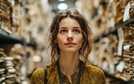 A woman stands among tall shelves filled with old records and files in a library. She looks upwards, contemplating the history around her, surrounded by organized chaos.の素材