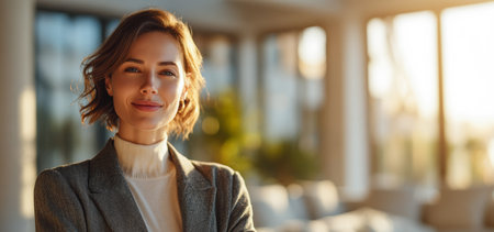 A professional woman stands smiling in a modern office, bathed in warm sunlight. Her relaxed posture and confident expression reflect a successful work environment.の素材