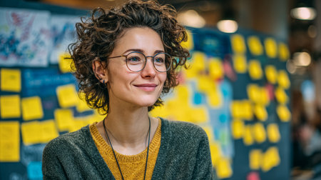 A young woman with curly hair and glasses smiles while participating in a team brainstorming session, surrounded by colorful sticky notes on a wall.の素材