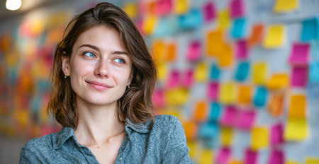 A woman with shoulder-length hair stands confidently in an office with a vibrant wall covered in sticky notes. She has a friendly expression and is wearing a casual grey shirt.の素材