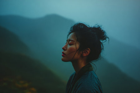A woman stands in a peaceful pose, wearing traditional attire, as she looks away towards the misty mountains at twilight. The atmosphere is calm and reflective.の素材