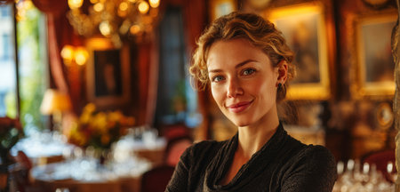 A young woman stands with arms crossed, smiling in a classy restaurant. Soft golden lights and elegant decor create a warm atmosphere. The setting suggests it's evening time.の素材