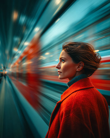A woman wears a bright red coat and stands still at a train station, gazing intently as a train speeds past her. The evening atmosphere creates a dramatic backdrop with motion blur.の素材