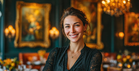 A woman stands with a warm smile in a cozy restaurant filled with rich decor and warm lighting. Bright flowers and elegant paintings create a charming atmosphere.の素材