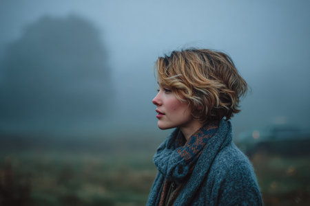 A young woman appears lost in thought as she stands in a foggy field, surrounded by nature. The tranquil atmosphere highlights her calm demeanor during early morning.の素材