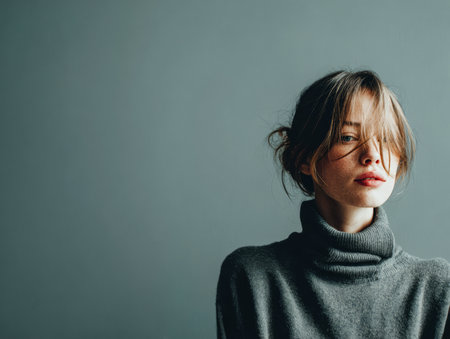 A young woman stands against a plain gray background, her hair slightly messy and styled naturally. She wears a soft turtle neck sweater and gazes thoughtfully to the side.の素材